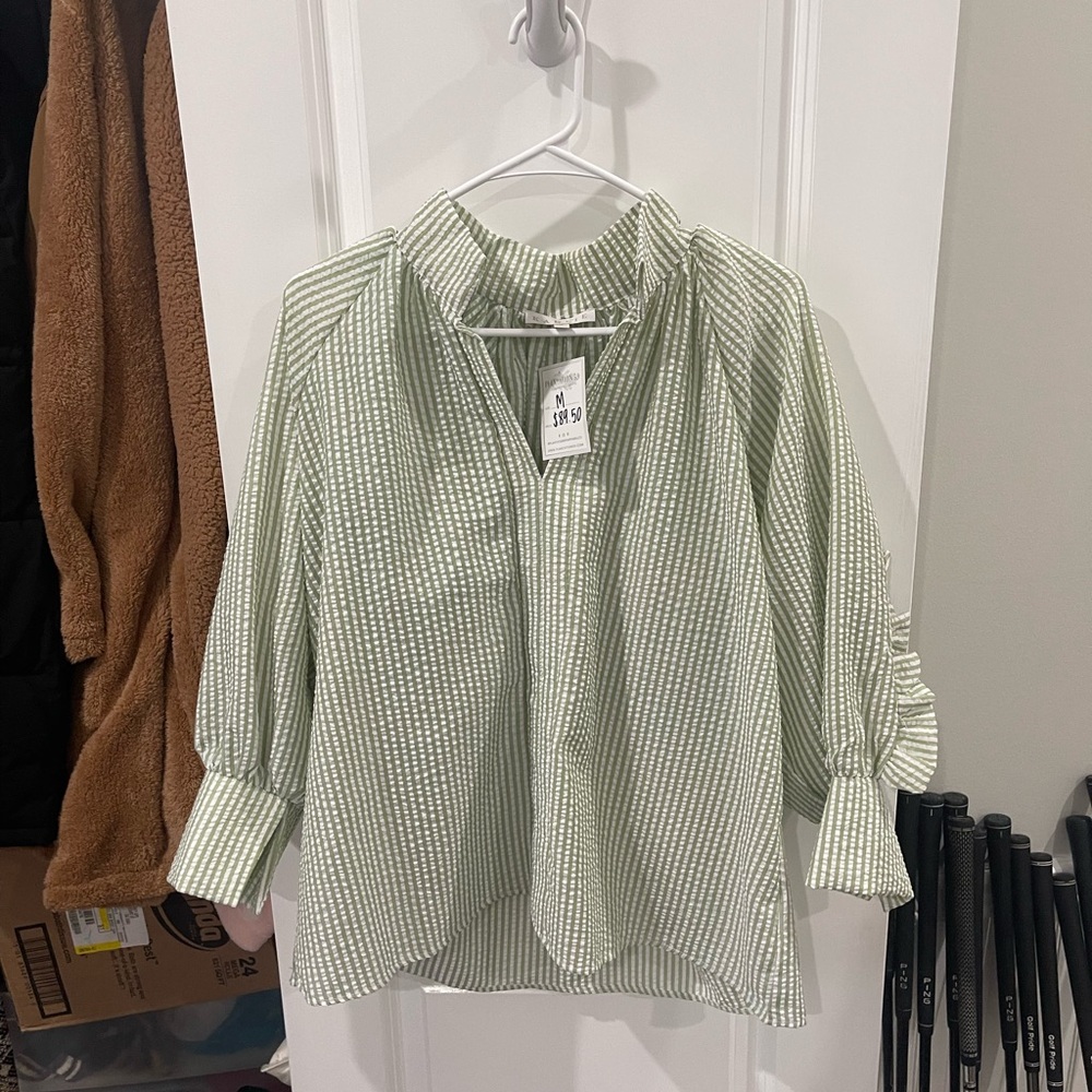 Karlie Sage Green and White Striped Peasant Top